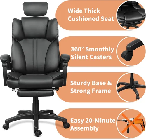 Miniatura 5 de Silla de oficina grande y alta, cómoda silla ergonómica de cuero para computadora con reposacabezas, respaldo alto, silla ejecutiva reclinable