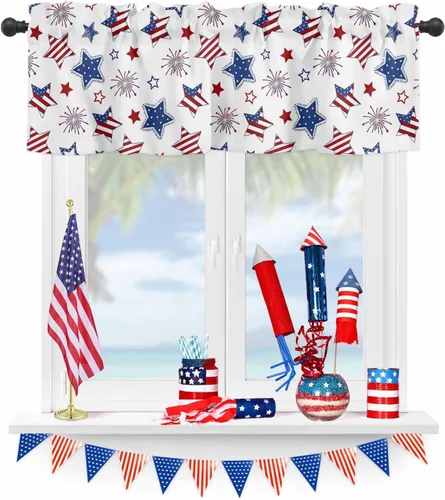 Miniatura 14 de Cortina de cenefas para el 4 de julio, diseño de corazón y bandera americana, cortina patriótica para ventanas de cocina, rojo, blanco y azul
