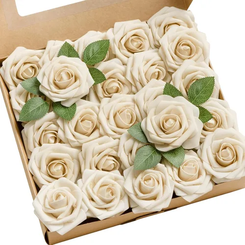 Miniatura 26 de Ling’s Moment - Flores Artificiales, 50 piezas, Rosas Verde Pavo Real con Tallos, 3" de Tacto Real, Espuma DIY para Ramilletes de Boda/Centros