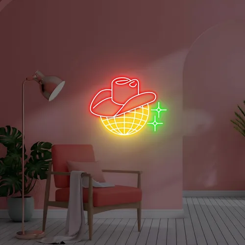 Miniatura 4 de Letrero de neón de bola de discoteca, sombrero de vaquero regulable, luces LED de neón para decoración de pared, letrero iluminado para dormitorio