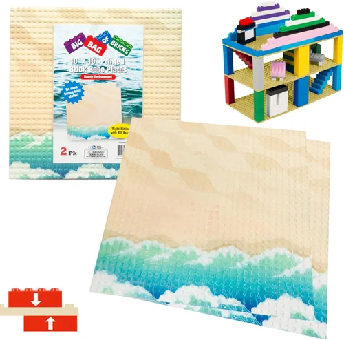 Summer Beach - Placas base para terreno para ladrillos de construcción, juego de 2 placas de construcción grandes de 10 x 10 pulgadas, doble