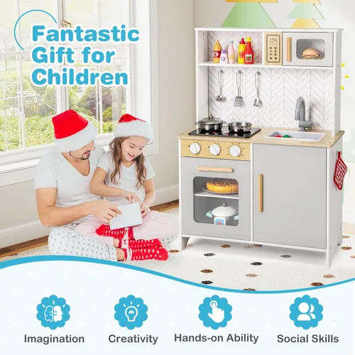 Miniatura 6 de Costzon Juego de cocina para niños, cocina de madera con luces y sonidos, estufas, fregadero, grifo, microondas, horno y accesorios de cocina, juego