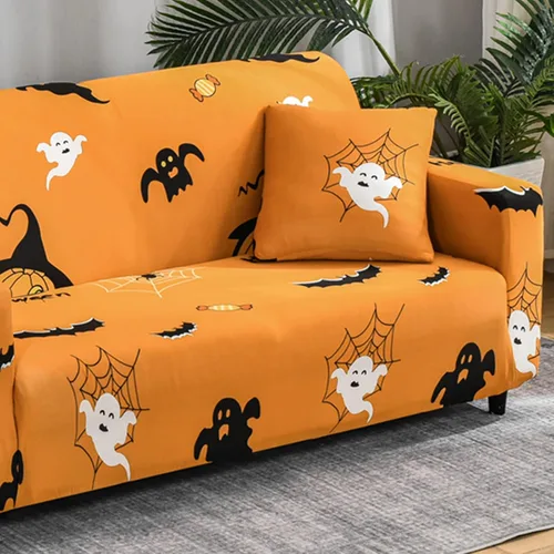 Miniatura 5 de Mybedsoul Funda de sofá con estampado de Halloween, funda elástica de fantasma, lavable a máquina, temática de Halloween, funda negra para sofá