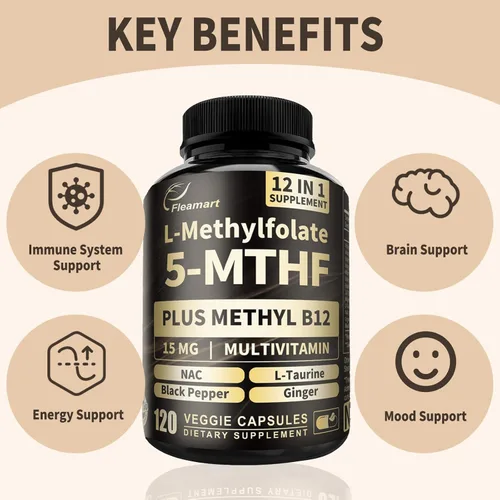 Miniatura 8 de L Metilfolato 15mg Plus Metil B12 - Suplemento metilado de vitamina B9 (5-MTHF) para la salud del cerebro, el estado de ánimo y la energía, alta