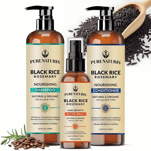 PureNaturis Champú orgánico de agua de arroz negro con romero para el crecimiento del cabello, spray de agua de arroz, con agua de romero, biotina,