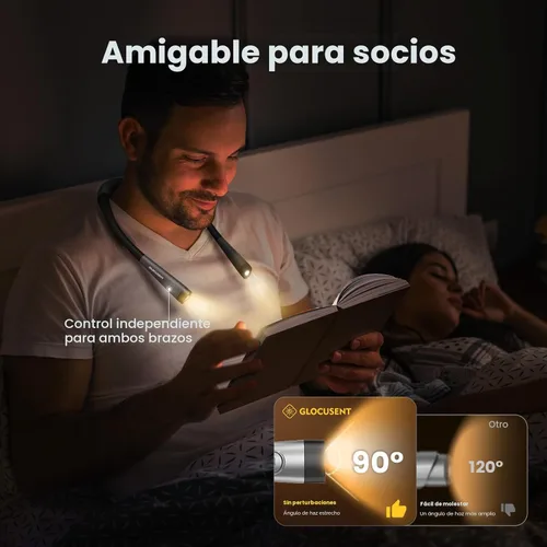Miniatura 6 de Glocusent Luz de Libro, Luz de Lectura de 3 Colores y 6 Niveles de Brillo, Luz de Cuello Flexible, Luz de Libro Recargable de 80 Horas de Duración