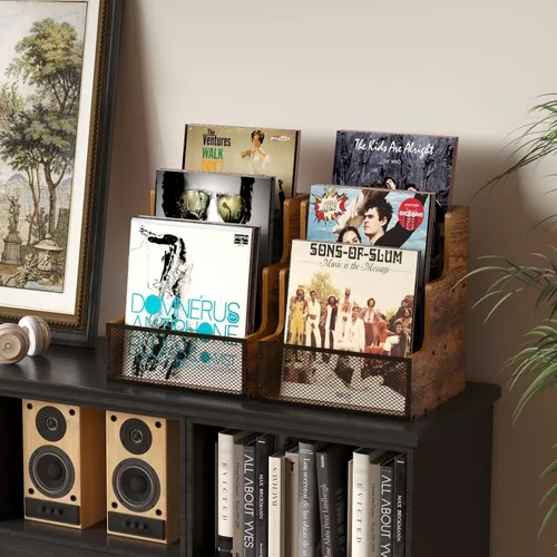 Miniatura 3 de Yuzehuaza Paquete de 2 cajas de almacenamiento de discos de vinilo LP escalonadas de 3 niveles, soporte para álbumes de discos de vinilo