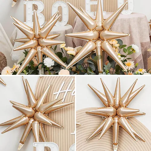 Miniatura 4 de 9 piezas de globos de estrella beige, grandes globos de papel de aluminio en forma de estrella en explosión, globos de Mylar en punta color crema