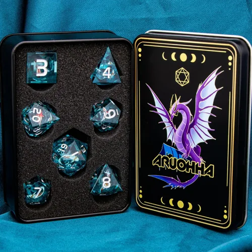 Miniatura 7 de ARUOHHA Juego de dados DND de núcleo líquido, 7 piezas de dados de resina azul afilados compatibles con juegos de rol D&D, juego de dados