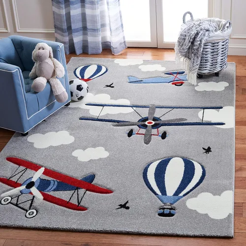 Miniatura 8 de SAFAVIEH Carousel Kids Collection - Alfombra decorativa de 2 pies 3 pulgadas x 4 pies, gris claro y rojo, no desprende pelusa y de fácil cuidado