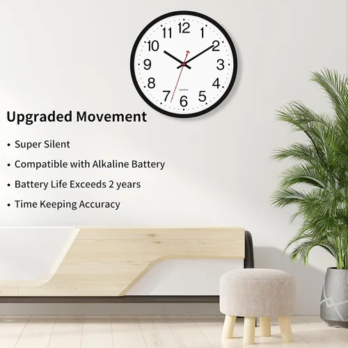 Miniatura 4 de Foxtop 2 Pack Reloj de pared negro de 12 pulgadas, silencioso, sin tictac, de cuarzo, funciona con pilas, analógico, redondo, para aula, escuela