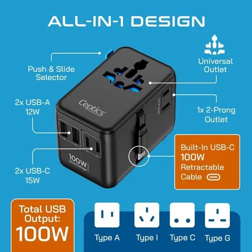 Miniatura 3 de Ceptics Adaptador de viaje universal GAN de 100 W con cable USB-C retráctil, 2 puertos USB-A y C, entrada universal y 1 entrada USA/JP, adaptador