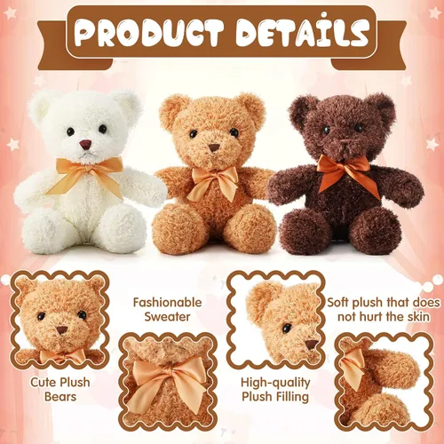 Miniatura 4 de HyDren Paquete de 12 Osos de Peluche Animales de 12 Pulgadas, Lindos Juguetes de Peluche a Granel con Corbatines de Lazo, Osos Suaves para Baby