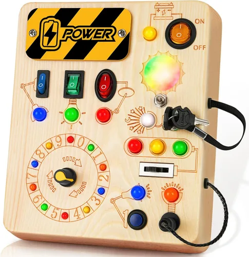 Tablero de actividades, juguetes Montessori para niños de 1 año o más, tablero de actividades con 13 luces LED, juguete educativo de viaje de madera
