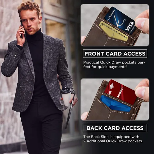 Miniatura 4 de SERMAN BRANDS Billetera con bloqueo RFID delgada de dos pliegues – Carteras minimalistas de cuero genuino con bolsillo frontal para hombres con clip