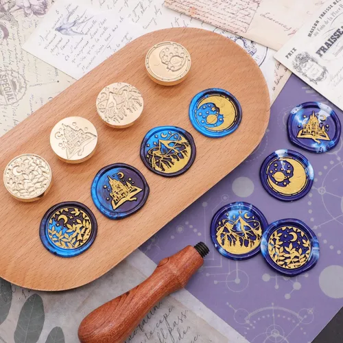 Miniatura 3 de SWANGSA - Juego de sellos de cera, estilo vintage, 4 cabezas con diseños de castillo, libro mágico, luna, planta y estrella + 1 mango de madera