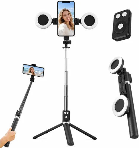 Trípode negro para iPhone con luz, soporte de luz de anillo para iPhone, soporte ajustable para selfie stick con luz de relleno, trípode extensible
