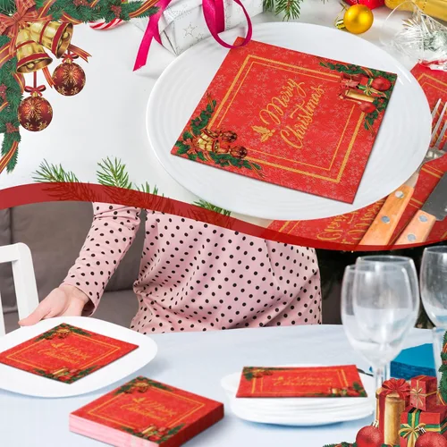 Miniatura 7 de 200 servilletas de papel de cóctel de Navidad, color rojo y dorado, desechables, servilletas de papel para bebidas navideñas para fiestas de postres
