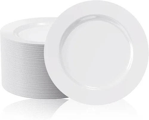 Miniatura 9 de FOCUSLINE 100 platos de plástico plateado transparente de 10 pulgadas, platos transparentes desechables con borde plateado, plato de plástico duro