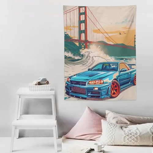 Miniatura 8 de QEOPGNE Tapiz grande para colgar en la pared, diseño de puente de puerta dorada, grandes olas, japonés, retro, Jdm, auto, R34, tapiz para 2