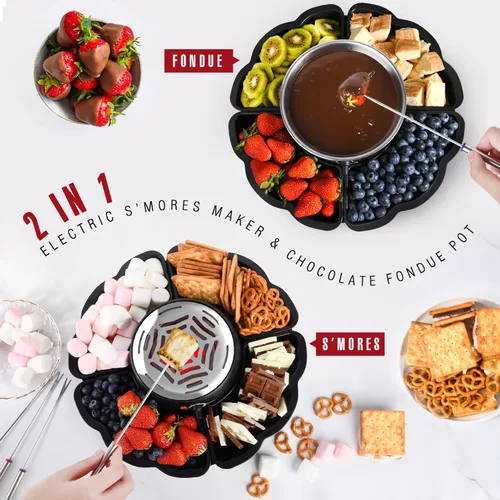 Miniatura 4 de Máquina eléctrica S'mores 2 en 1 y olla para fondue, kit de mesa para interiores con 4 tenedores para asar, 4 bandejas desmontables y 1 calentador