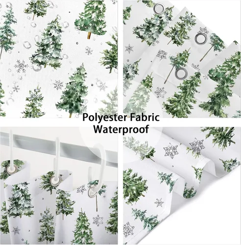 Miniatura 5 de Cortina de ducha de Navidad con diseño de pino, cortinas de baño decorativas estilo granja retro de acuarela, invierno, copos de nieve, verde, tela