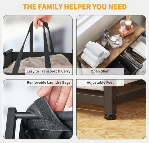 Miniatura 4 de LIVEHOM Cesta de Lavandería Doble Canasta de Ropa Sucia con Bolsas Removibles, Asas de Tela, Estante Superior Grande y Bolsa de Lavandería