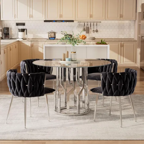 Miniatura 3 de 47.2" Round Glass Dining Table for 4-6, Round Glass Kitchen Table with Steel Legs, Modern Dining Table for Dining Room, Kitchen, Home, Cafe