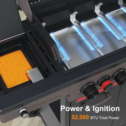 Miniatura 4 de Brand-Man - Parrilla de gas propano de 4 quemadores con quemador lateral infrarrojo, parrilla de barbacoa total de 52,000 BTU con rejillas y plancha