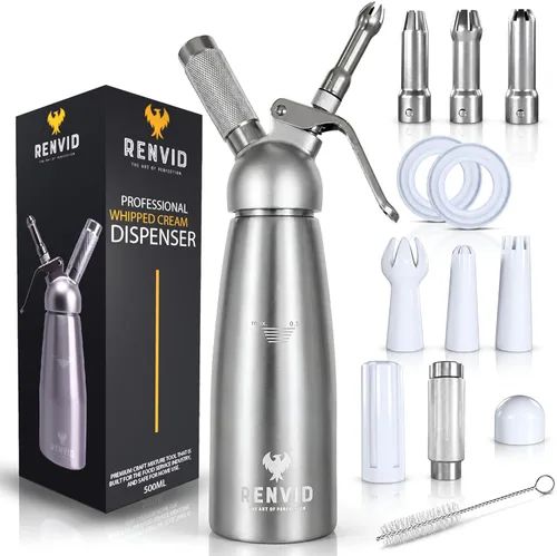 Miniatura 10 de Dispensador profesional de crema batida, recipiente de aluminio de 16.9 fl oz con 2 juegos de puntas de acero inoxidable y plástico, cepillo de Negro