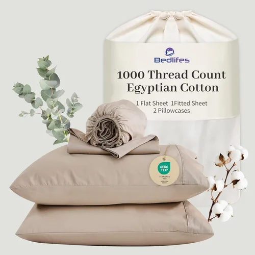 Miniatura 18 de Bedlifes Sábanas de algodón egipcio de 1000 hilos, tamaño Queen, 4 piezas con bolsillo profundo de 16 pulgadas, ropa de cama ultrasuave refrescante