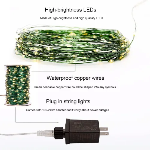Miniatura 3 de Cadena de luces de hadas enchufables de 66 pies, luces LED de alambre verde blanco cálido de 200 LED con control remoto, 8 modos para sala de estar