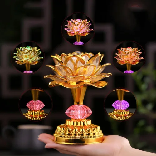Miniatura 6 de Paquete de 2 lámparas budistas LED de loto coloridas, 13 canciones budistas construidas, luz de Buda degradada para adoración, oración y exhibición