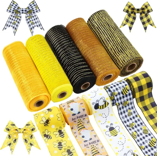 Miniatura 11 de Woanger 10 Rollos de Cinta con Borde de Alambre a Rayas de Sandía y Cinta de Malla para Envoltorio de Regalos DIY de Verano, Manualidades, Corona