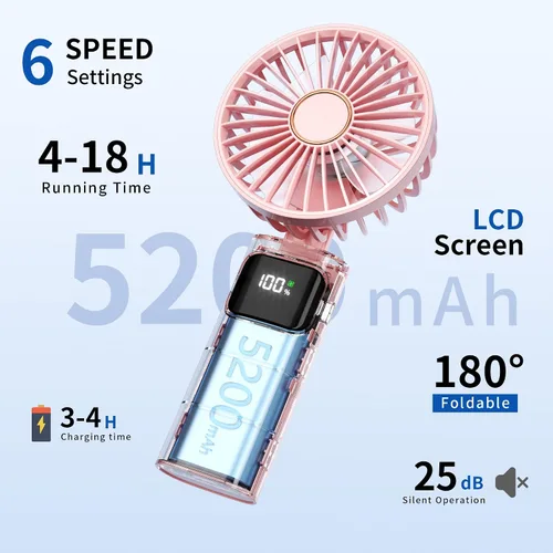 Miniatura 2 de Ventilador de mano portátil, mini ventilador personal plegable recargable por USB, 5200 mAh, 180 ajustables, viento de 6 velocidades, ventilador