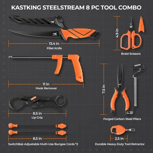 Miniatura 7 de KastKing SteelStream - Kit de herramientas de pesca de 8 piezas, alicates de pesca con cordón, cuchillo de filetear, pinza flotante para peces