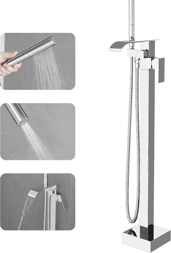 Miniatura 11 de RUMOSE Grifo Llenador de Bañera Independiente Grifo de Bañera Negro Mate Montaje en Piso Grifo de Bañera Cascada Independiente Llenador de Bañera