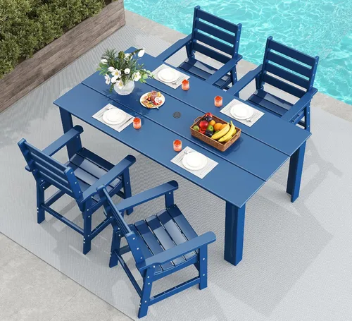 Miniatura 16 de GREENVINES Juego de comedor al aire libre de 7 piezas Juegos de mesa y sillas de plástico HDPE de 67 pulgadas para 6 Muebles de patio Todo