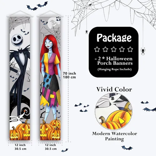 Miniatura 4 de Tivee Cartel de Jack Sally Banners para porche, decoración de Halloween, pesadilla de Navidad, decoración de Halloween, póster de terror al aire