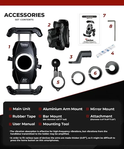 Miniatura 8 de Kaedear Soporte para Motocicleta y Smartphone, Absorción de Vibraciones, Montura, Montura de Aire, Bloqueo Lateral con Palanca, Brazo Intermedio