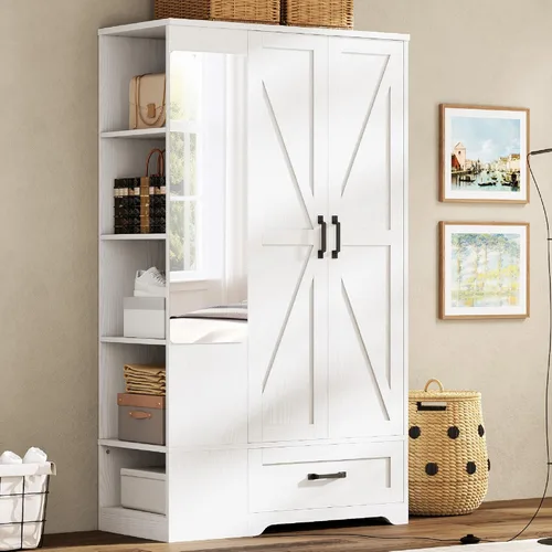 Miniatura 11 de LIKIMIO Armario Armario de 70 pulgadas, gran almacenamiento con espejo, 2 puertas, cajón y estantes, moderno dormitorio independiente de madera Negro