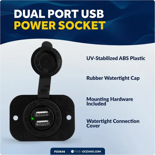 Miniatura 2 de Five Oceans Enchufe de alimentación USB de doble puerto impermeable marino, 12 voltios - 24 voltios, plástico ABS estabilizado UV, fácil