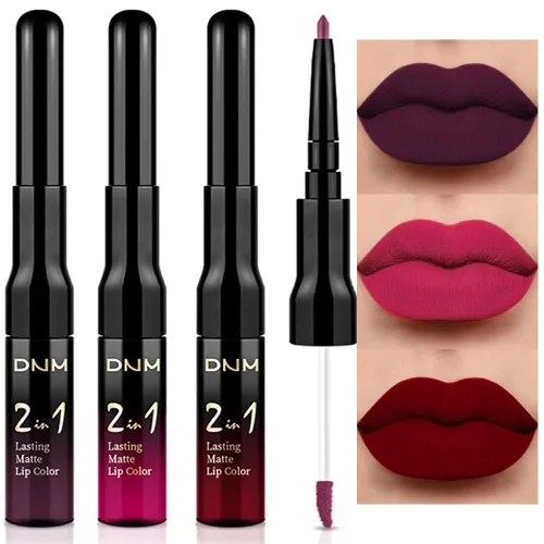 Miniatura 25 de 3 piezas 2 en 1 Set de delineador y lápiz labial líquido de color negro oscuro, púrpura y azul real para mujeres, tinte labial de larga duración, a