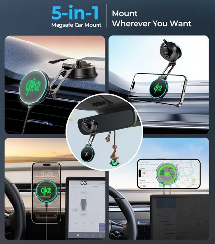 Miniatura 3 de Cargador de teléfono de coche certificado Qi2 para MagSafe, brazo plegable y ajustable de 360°, soporte magnético universal para pantalla de espejo