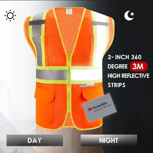 Miniatura 5 de 3M Chaleco de seguridad reflectante de alta visibilidad con cremallera y bolsillos, color naranja, talla M