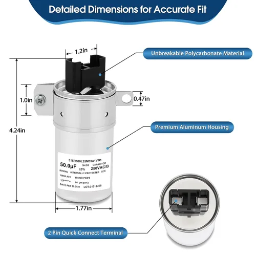 Miniatura 2 de W11395618 Condensador de funcionamiento del motor 50uF 250VAC 50/60Hz 10000AFC - Condensador de repuesto para lavadora para 4931353, PS12731163