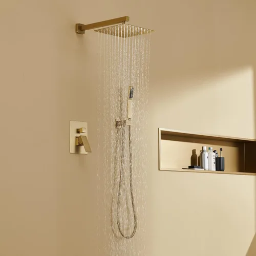 Miniatura 3 de Sistema de ducha de 10 pulgadas, juego combinado de ducha de lluvia dorado cepillado montaje en pared, grifería de baño con cabezal de ducha de Oro