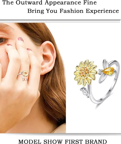 Miniatura 6 de Akeoqi Anillos giratorios para la ansiedad, para aliviar el estrés, tamaño ajustable, diseño abierto, anillo giratorio con incrustaciones