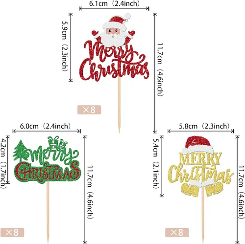 Miniatura 2 de 24 piezas de adornos para cupcakes de Navidad dorados verdes y rojos con purpurina, Papá Noel, árbol de Navidad, adornos para cupcakes para el tema
