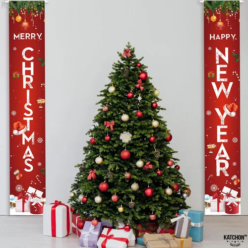 Miniatura 5 de KatchOn, Cartel de Feliz Navidad – 72 x 12 pulgadas, paquete de 2 Cartel de Feliz Año Nuevo para decoraciones de Año Nuevo 2025 Cartel de puerta